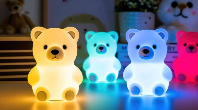 Colorful Bear Led Night Light Kids Room Decor Soft Glowing Toys