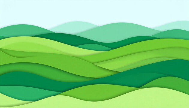 A beautiful papercut style abstract landscape background featuring rolling green summer hills and field waves in various shades of emerald, lime, and mint under a clean minimalist sky.