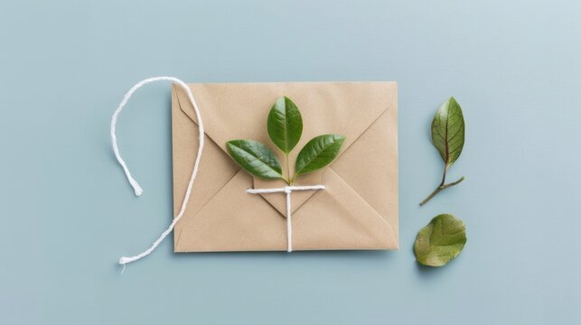 Eco-friendly Envelope with Green Leaves on Light Blue Background