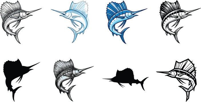 Jumping Sailfish and Marlin Vector Silhouette Set with Hand Drawn Outlines and Tribal Fin Details for Deep Sea Sport Fishing Tournament Logos