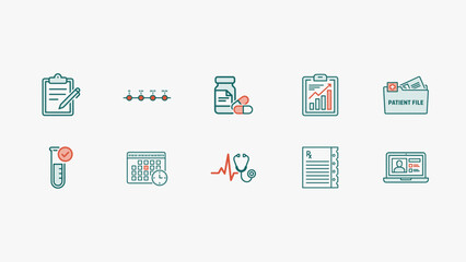 Fototapeta premium Clinical documentation and patient timeline flat icons - Perfect for electronic health charts, physician portals, or medical blogs.