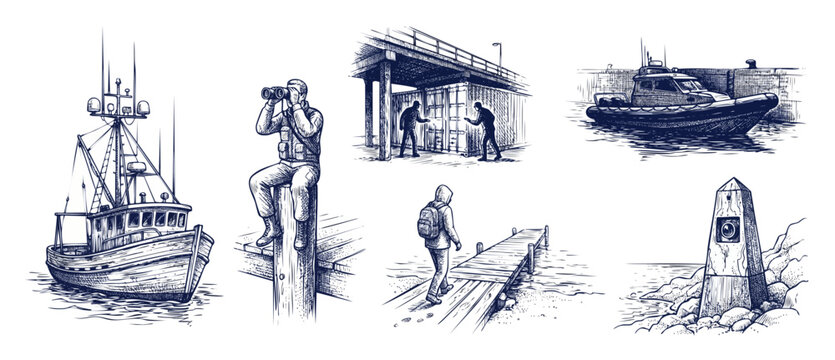 Maritime security border patrol sketches of coastal surveillance, marine police monitoring illegal smuggling, harbor patrol boat, lookout with binoculars, pier dock, shipping container inspection.