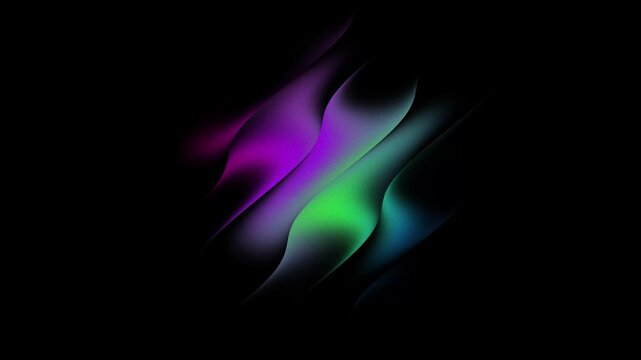 Purple and green light swirls over black background. Flowing colors dance with smooth, fluid motion. Vibrant hues create a dynamic, abstract visual experience. Ideal for digital art, music visuals
