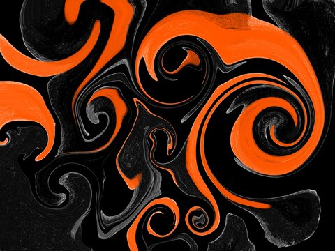 Abstract Orange and Black Fluid Marble Swirl Background, Modern Liquid Paint Texture, Organic Curved Shapes, Acrylic Flow Art, Contemporary Abstract Design Wallpaper