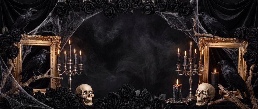 Spooky gothic halloween background with skulls ravens and candles