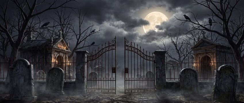 Spooky cemetery entrance with iron gates and tombstones under a full moon