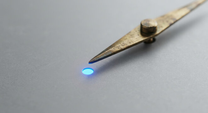 Labor Shortage Impact concepts. Closeup of old rusty compass needle pointing at glowing blue dot on gray surface