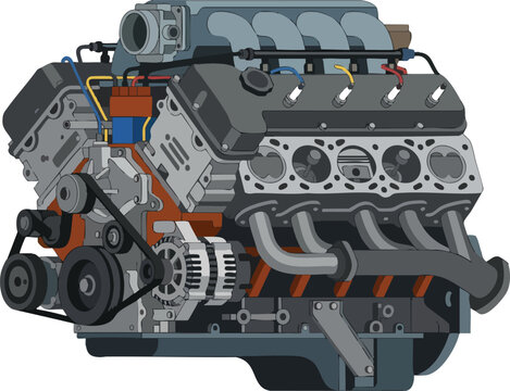 Industrial heavy duty internal combustion engine for transportation vehicles showing complex mechanical parts and metal components assembled for efficient high performance output in automotive