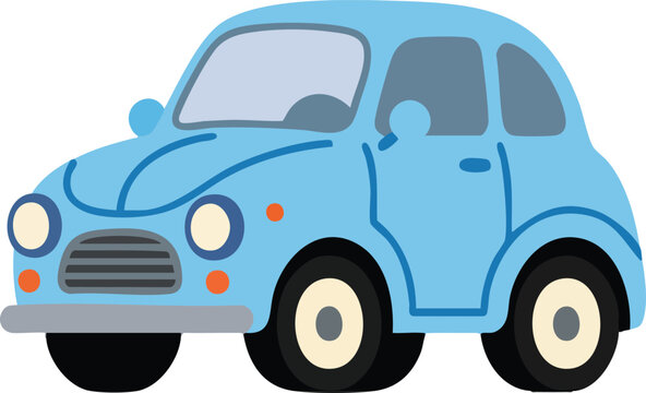 A small light blue cartoon vehicle traveling on the road represents safe urban transportation for families wanting to travel around the city streets while enjoying a sunny day during the weekend