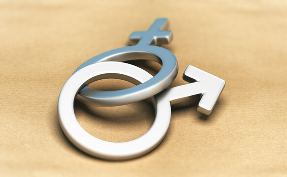 Interlocking male and female gender symbol icons on neutral background representing equality and balance