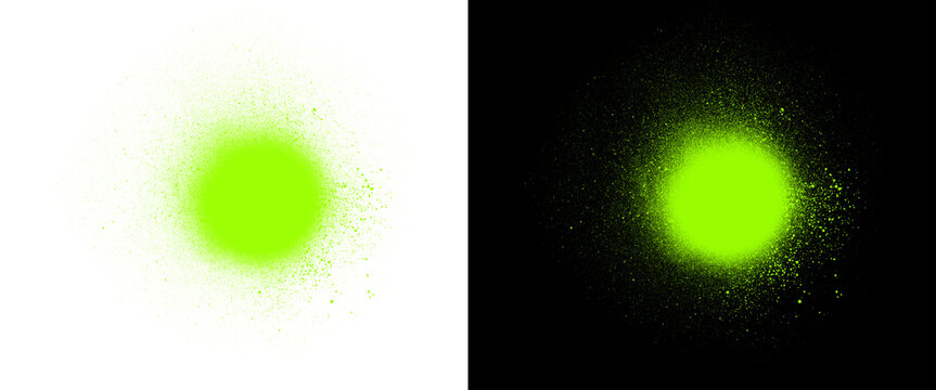 Neon green spray paint circle on white and black background, vibrant graffiti spray texture, glowing lime paint splatter element for urban design