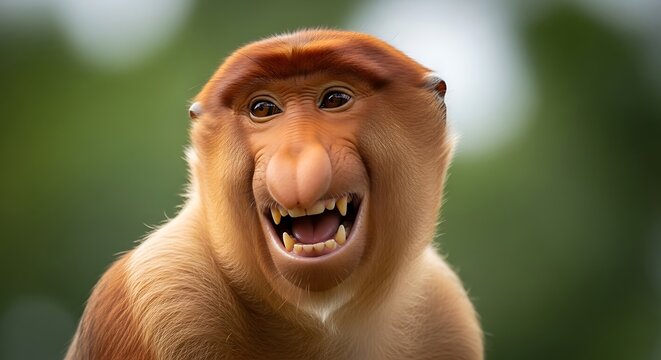 Smiling Proboscis Monkey Close Up in Green Park