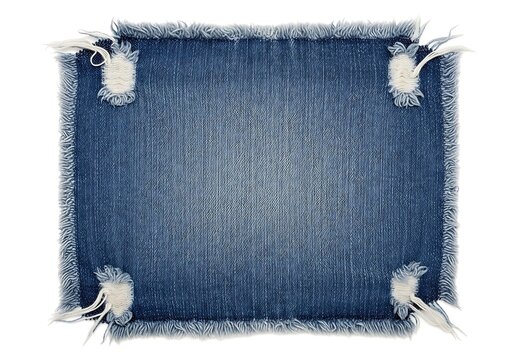 A blue denim fabric with frayed edges
