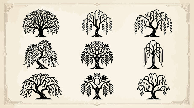 Collection of stylized weeping willow tree icons
