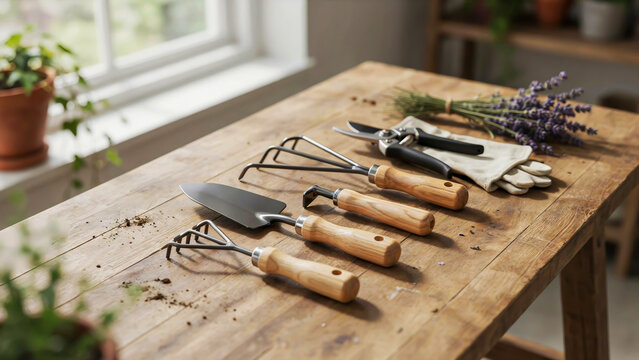 Assorted Gardening Tools and Lavender Bunch on a Rustic Wooden Table garden tools trowel