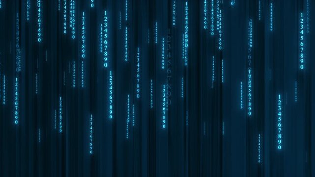 Blue glowing number code background with falling digits, dark cyber atmosphere, data stream concept for technology and security visuals.