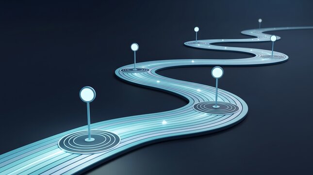 Futuristic glowing road with marker lights on dark background