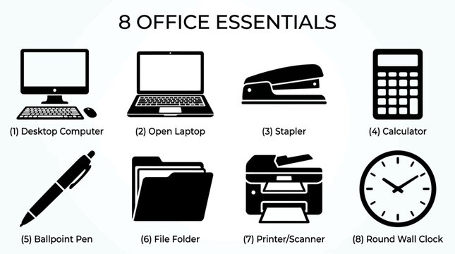 8 Office Essentials Icon Set, Black Silhouette Stationery and Technology Vector Elements, Professional Business Equipment Collection for Web and Print