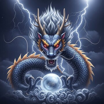 雷光に舞う蒼龍、神秘の宝珠