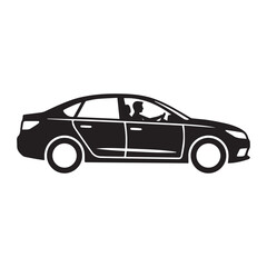 Fototapeta premium Man Driving Sedan Car Side View Vector Black Silhouette Icon Design Illustration. 