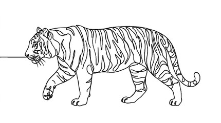 Fototapeta premium Continuous line drawing featuring a prowling tiger minimalist vector art illustration design element with white background minimalist