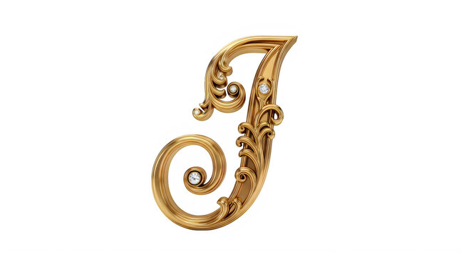Golden ornate letter J with swirls and diamonds  decorative alphabet transparent background