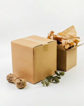 Cardboard box with twine and eucalyptus sprig on white background packaging shipping