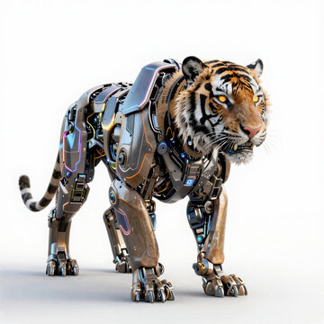 Powerful robotic tiger with intricate mechanical parts and realistic fur, blending technology with wildlife.