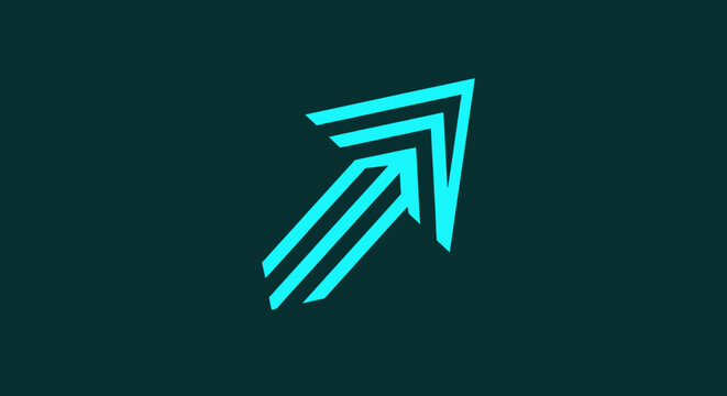 A cyan arrow made of lines points up and to the right on a dark teal background