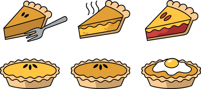 Delicious Homemade Pie and Tart Slices Icon Set with Autumn Pumpkin and Fruit Fillings for Thanksgiving Holiday Food Menu Designs