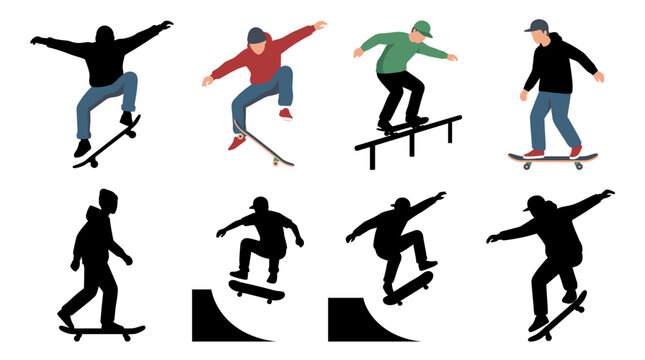 Professional vector collection featuring different skateboarder action poses, performing ollie trick, kickflip, grinding on rail, cruising on skateboard, aerial jump, landing trick successfully