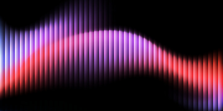 Vibrant vertical bars pulse with color gradients. Pink and purple tones shift across the dark canvas. Dynamic waves suggest rhythm and energy. Abstract design evokes sound or motion