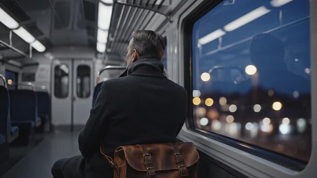 A man sits alone on a train at night, gazing out the window at passing city lights. He wears a dark coat, with a leather bag beside him, capturing a moment of quiet reflection during travel.