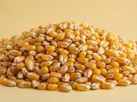 Close-up Pile of Dried Yellow Corn Kernels on Neutral Beige Background, Organic Maize Seeds for Farming and Food Production