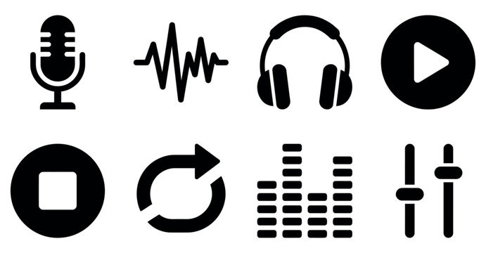Set of black music and audio icons including microphone headphones sound wave play button and equalizer Minimal solid fill icon set bundle collection. Editable Vector Illustration Mega pack