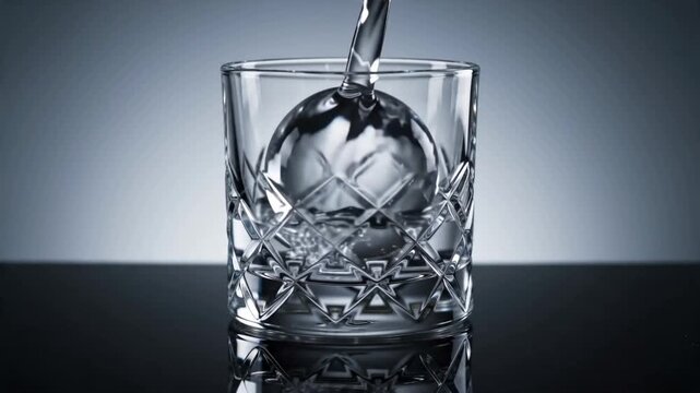 A clear liquid is elegantly poured into a crystal glass containing a large, spherical ice ball, creating a refreshing and sophisticated scene against a minimalist backdrop.