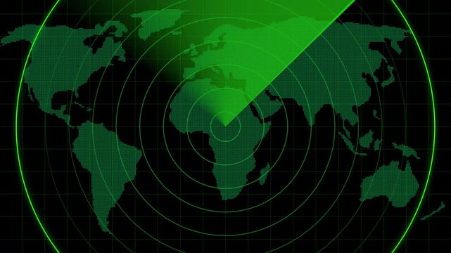 Green radar screen with scanning beam and circular grid - overlay animation for video compositing . radio waves signal alert .warning of headcoyater.