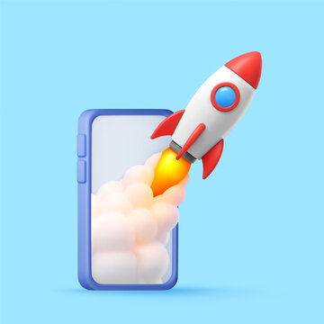Rocket launching from a smartphone screen. Startup business concept with a mobile app launch. Digital innovation and rapid growth representation. 3D vector illustration for technology marketing.
