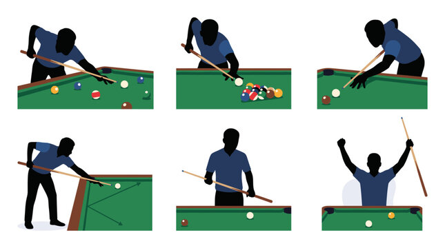 Set of vector collection featuring different billiard player action poses, aiming cue stick, breaking the rack, precision shot, bank shot, lining up the cue ball, celebrating winning shot