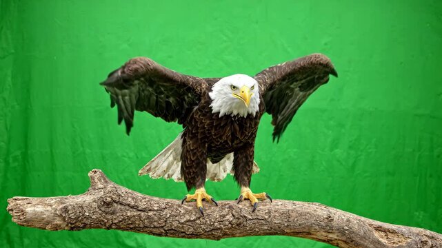 Majestic bald eagle flying toward camera and landing on a wooden branch against a professional chroma key green screen background