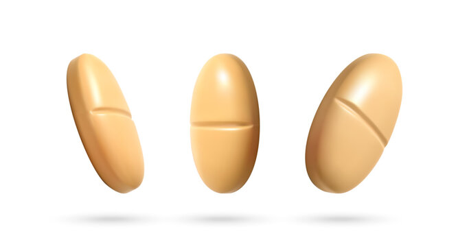 Three 3D pill icons isolated on white background. Golden medicine tablets showing different angles. Pharmaceutical healthcare concept for medical industry and pharmacy design element.