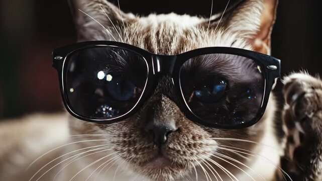 Siamese Cat Lowering Black Sunglasses to Reveal Blue Eyes with Starry Reflections Under Dramatic Cinematic Lighting