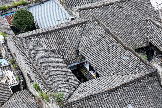 Traditional Chinese Roofs in Historic Linhai Street, Aerial View