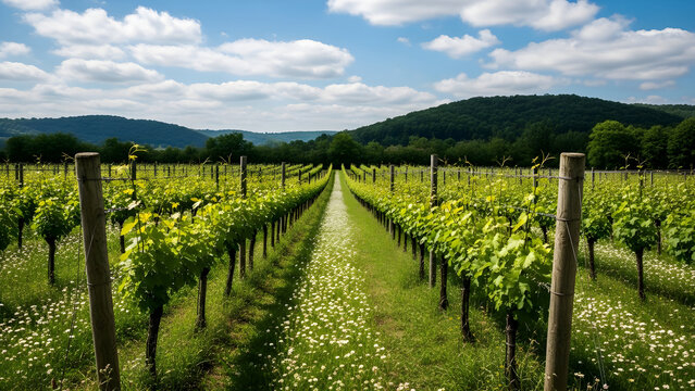 Lush Green Vineyard Rows Stretching Toward Rolling Hills Under a Clear Blue Summer Sky with Blooming Wildflowers Along the Pathway