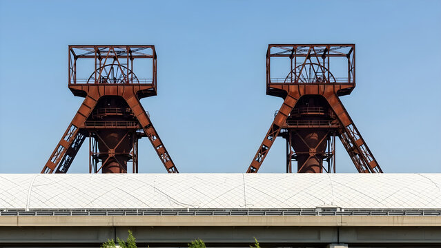 Two Rusty Industrial Mining Headframe Towers Rising Above a Modern Roof Structure in Germany