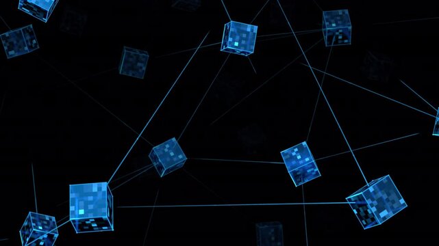 Abstract Animation Loop of Connected Blockchain Cubes Floating Forward on a Transparent Background. DeFi tech, blockchain technology and distributed cryptocurrency fintech solution concept.