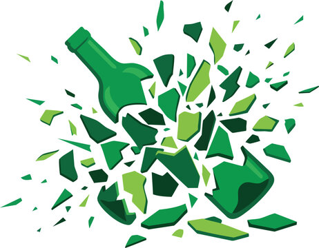 Green glass bottle shattering into many sharp jagged pieces after sudden impact showing chaotic motion and forceful energy release causing flying debris across the space with high pressure