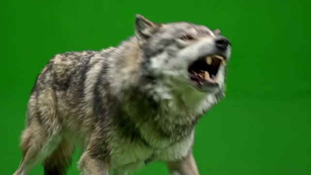 Majestic gray wolf lunging forward and snapping its jaws aggressively against a bright green screen background for visual effects compositing