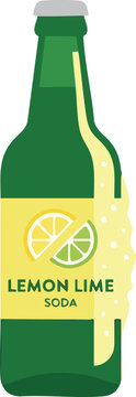 Refreshing lemon lime soda beverage contained in a green glass bottle with a citrus fruit label and bubbling carbonated liquid pouring down the sides for a thirst quenching summer party