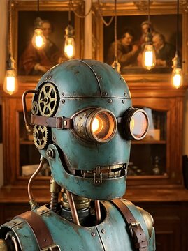 Steampunk robot head with brass goggles and copper patina